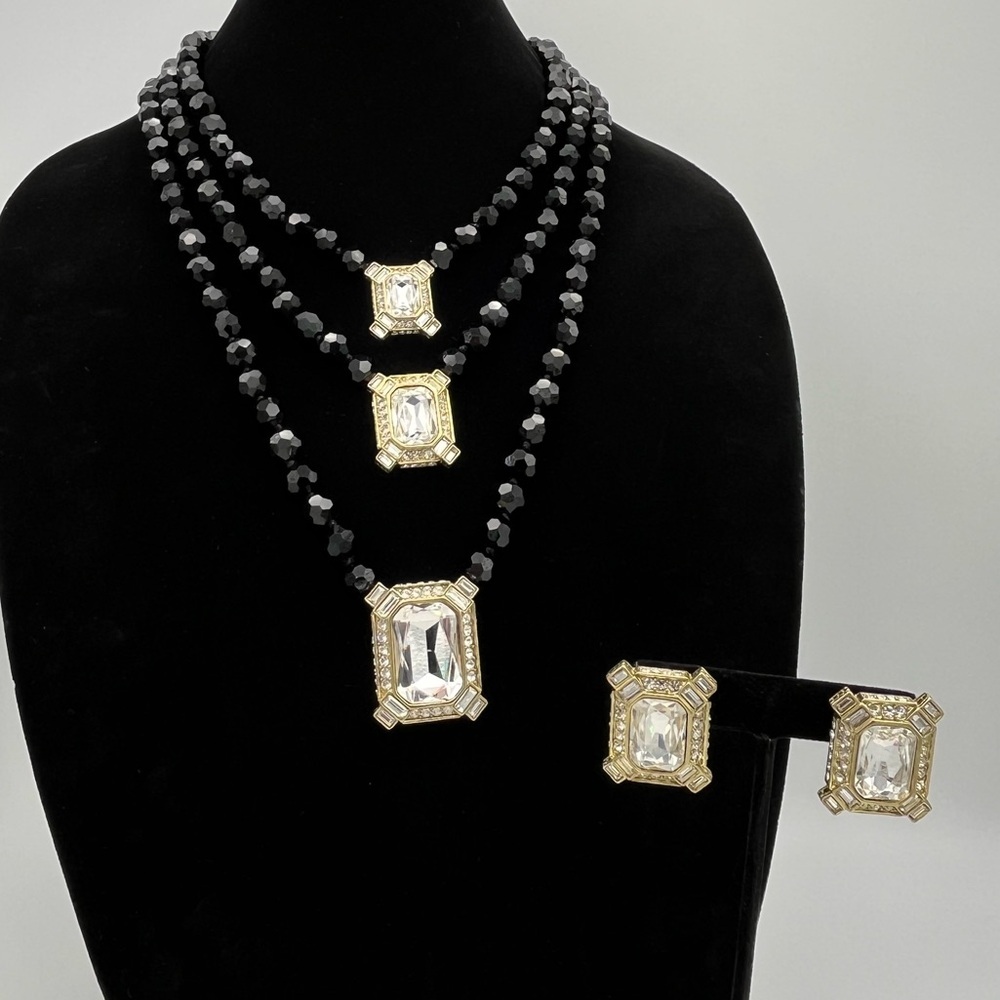 Heidi Daus Estate Splendor Set: Jet Black Swarovski Crystal 3-Strand Necklace &